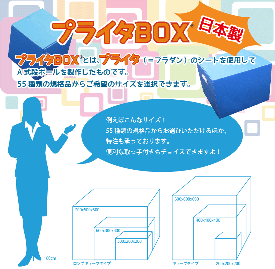 プライタBOXとは、プライタ（=プラダン）のシートを使用してA式段ボールを製作したものです。55種類の規格品から御希望のサイズを選択できます。「例えばこんなサイズ！55種類の規格品からお選びいただけるほか、特注も承っております。便利な取っ手付きもチョイスできますよ！」